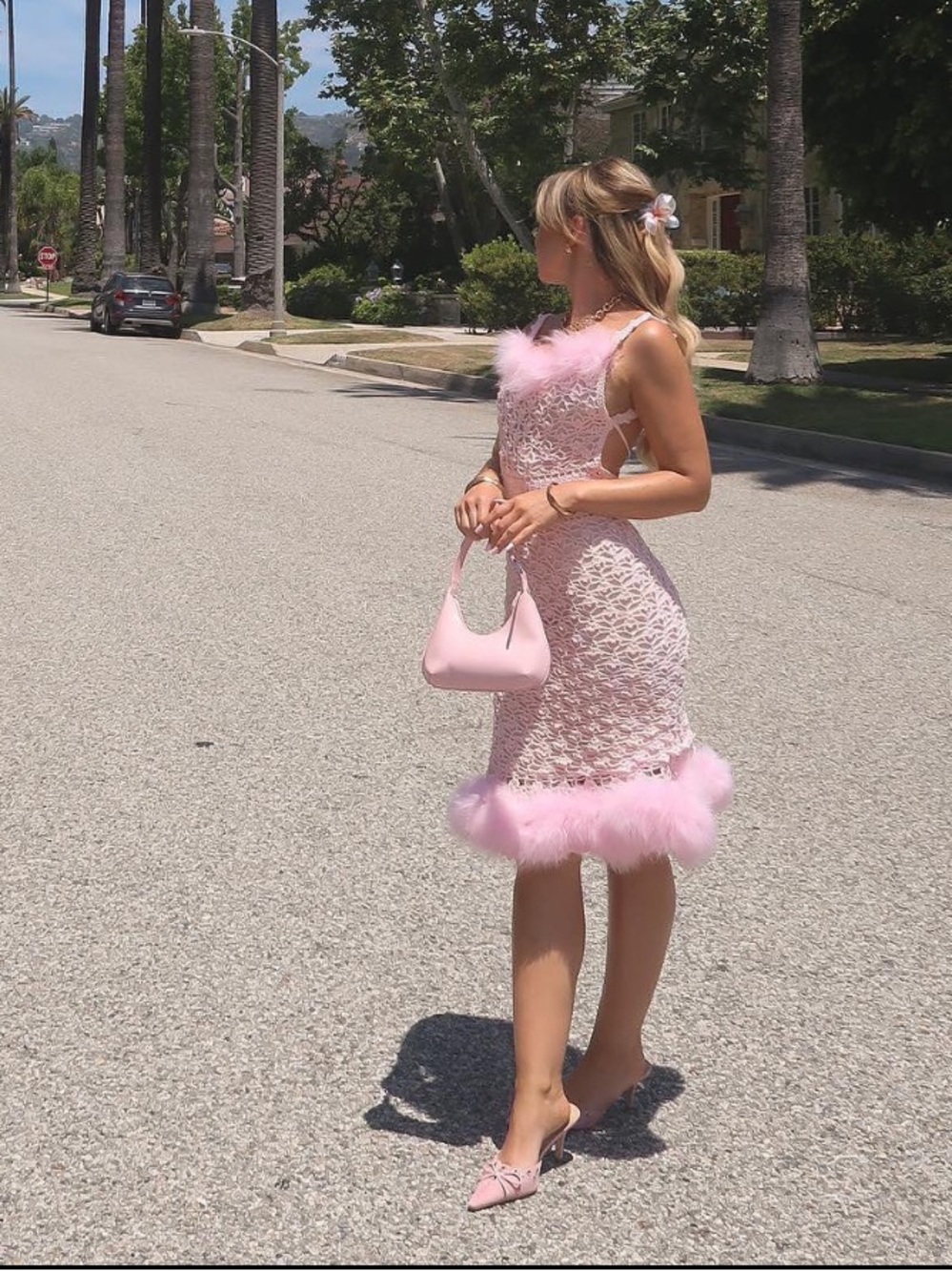 Women’s Pink Feather-Trim Midi Dress